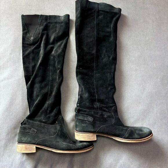 Suede Slouch Tall Boots Boutique 9 Black  Size 39 Stacked Heel Fall Style - Picture 2 of 9